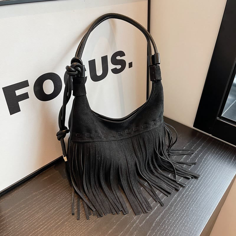 Tassel Underarm Bag For Women Retro Solid Color Shoulder Bag