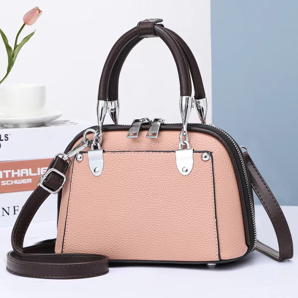 Vegan Leather Boston Bag Satchel Solid Color Crossbody Purse Handbag For Women