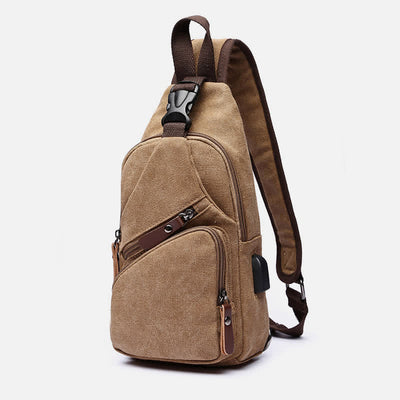 Canvas Sling Bag Crossbody Backpack Casual Rucksack with USB Charging Port