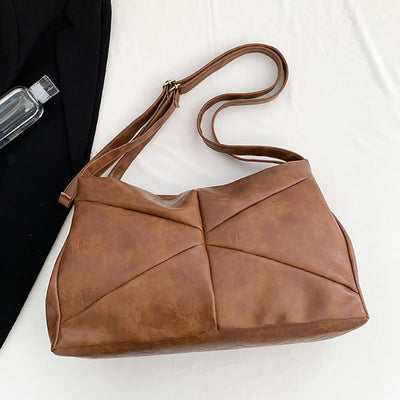 Large Leather Shoulder Bag Retro Plain Color Horizontal Travel Purse