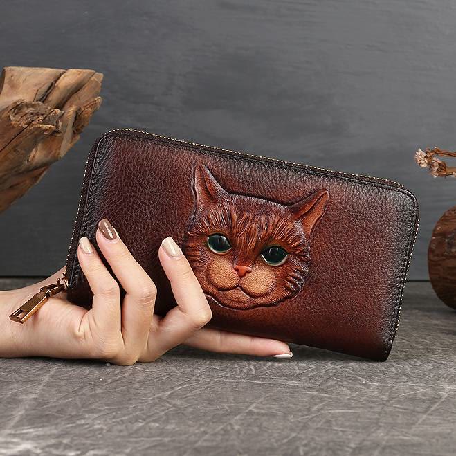 Real Leather Cat Wallet Embossed Multi Slot Clutch Purse