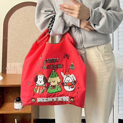 Cute Dog Embroideried Handbag Durable Drawstring Shoulder Bag For Women