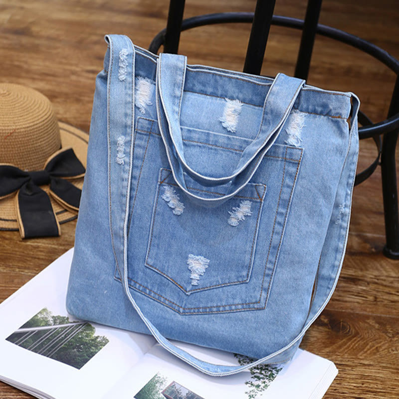 Denim Tote For Outing Retro Canvas Ripped Crossbody Bag