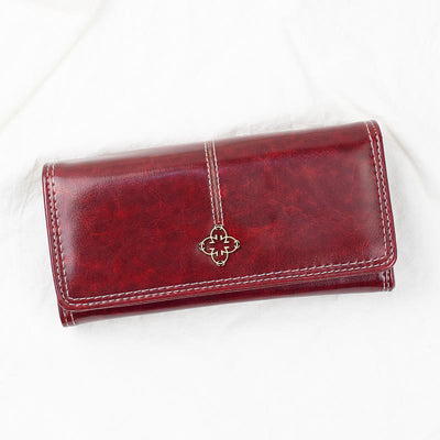 Elegant Retro Long Purse Wax Leather Card Holder For Women