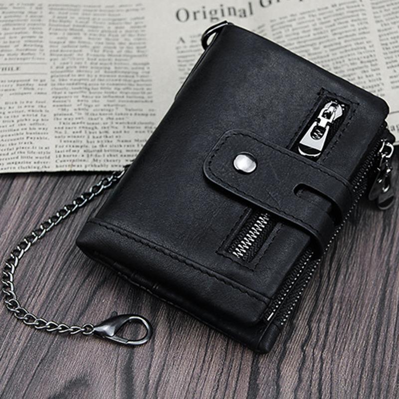 RFID Leather Trifold Wallet With Anti-Theft Chain