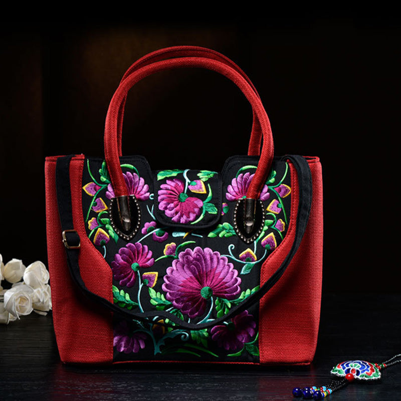 Embroideried Random Floral Tote For Women Elegant Canvas Crossbody Handbag