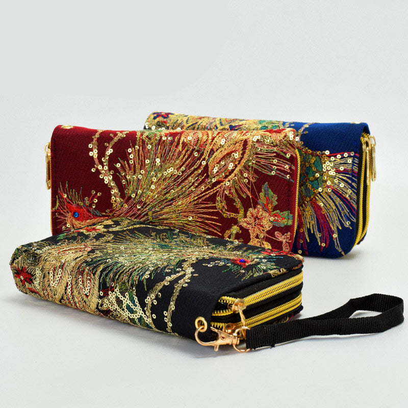 Vintage National Peacock Embroidery Long Wallet Clutch Bag