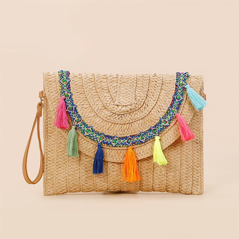 Tassel Beach Clutch for Women Raffia Woven Envelop Bag with Shoulder Strap