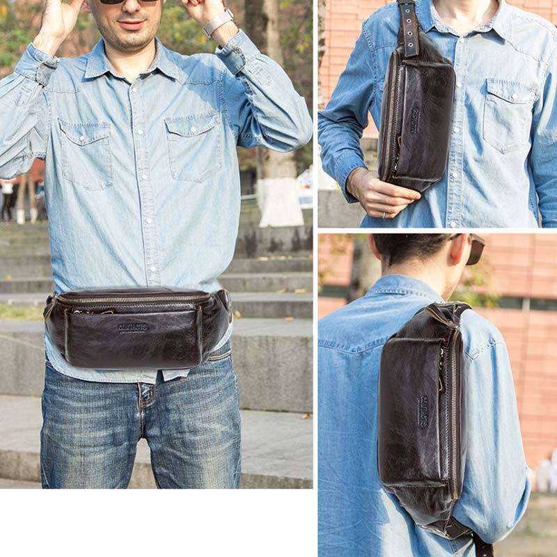 Genuine Leather Waist Bag Chest Bag with Adjustable Belt