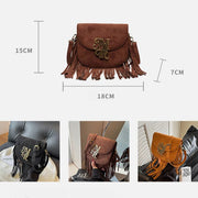 Women Autumn Flannelette Bag Retro Letter Buckle Crossbody Tassel Bag