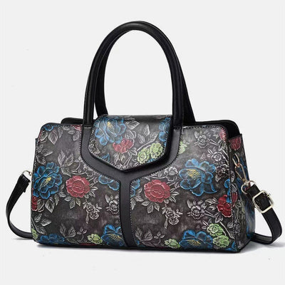 Retro Floral Emboss Handbag Women Horizontal Crossbody Leather Bag