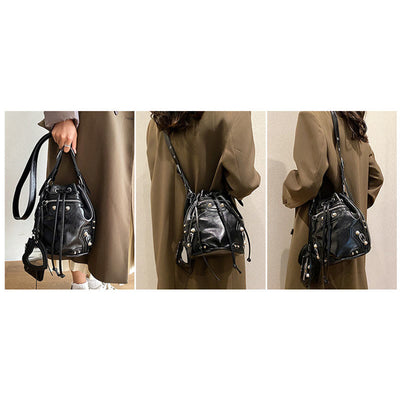 Shoulder Bag for Women Stylish Pleated PU Leather Drawstring Crossbody Bag