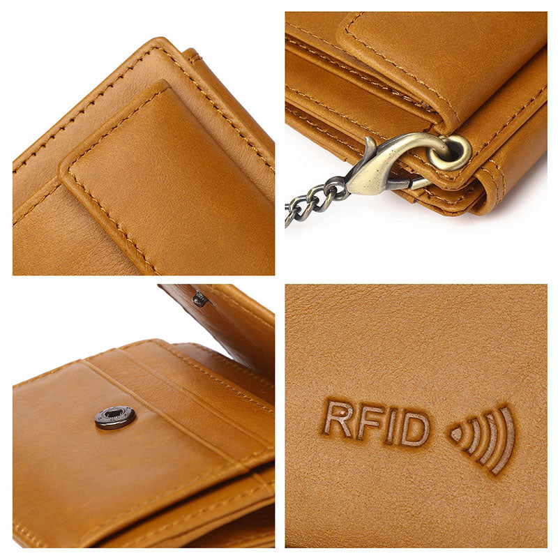 Men's Trifold Wallet Slim Genuine Leather Wallet Card Holder with Chain