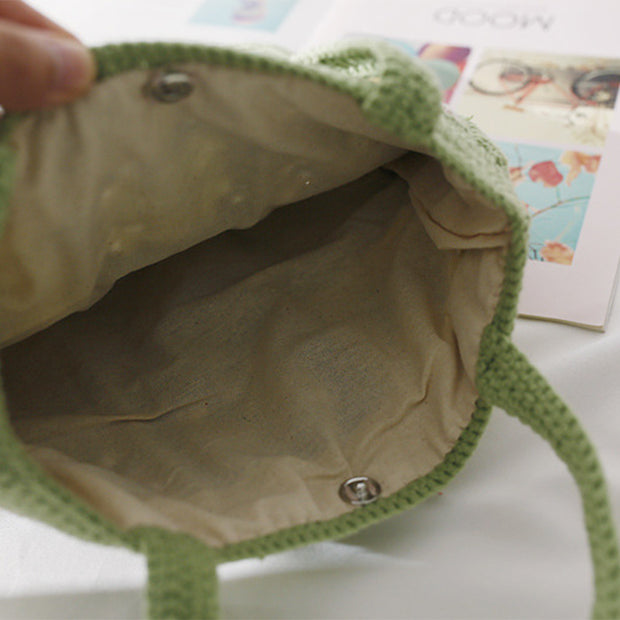 Hand-Woven Check Shoulder Bag Green Flower Stitching Tote