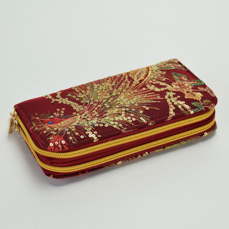 Vintage National Peacock Embroidery Long Wallet Clutch Bag