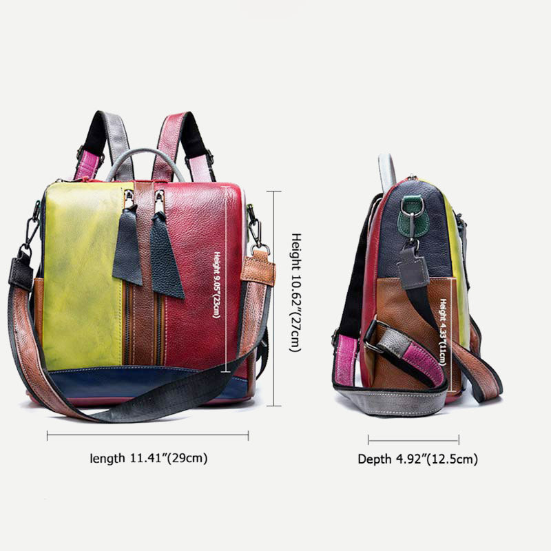 Women Backpack Purse Convertible Shoulder Bag Genuine Leather Colorblock Casual Daypack