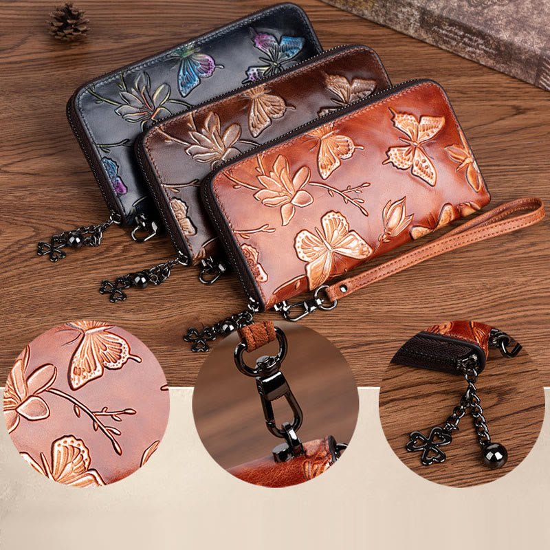 Retro Butterfly Handbag Women Elegant Long Large Space Leather Wallet