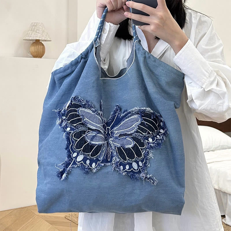 Butterfly Pattern Shoulder Bag For Women Large Denim Tote