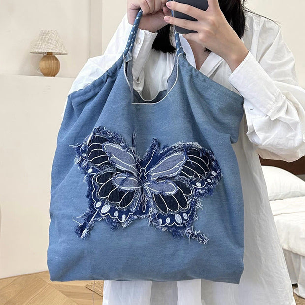 Butterfly Pattern Shoulder Bag For Women Large Denim Tote