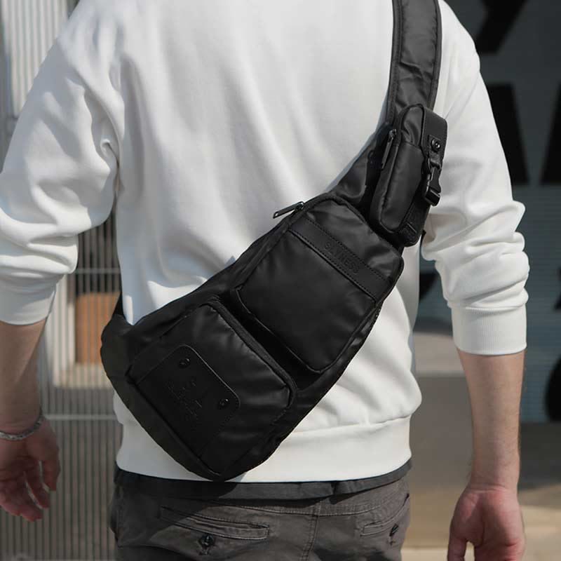 Sling Bag for Men Black Large Capacity Minimalist Oxford Crossbody Backpack