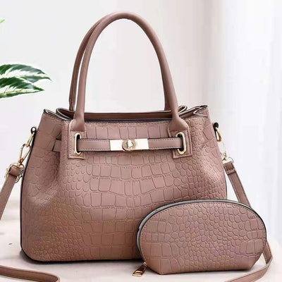 Elegant Bag Set Solid Color Crocodile Print Top Handle Purse