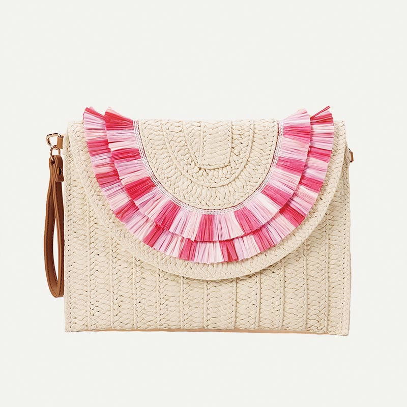 Tassel Beach Clutch for Women Raffia Woven Envelop Bag with Shoulder Strap