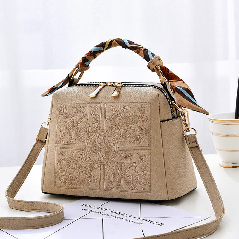 Top-Handle Bag For Women Embroidered Leather Portable Crossbody Shoulder Bag