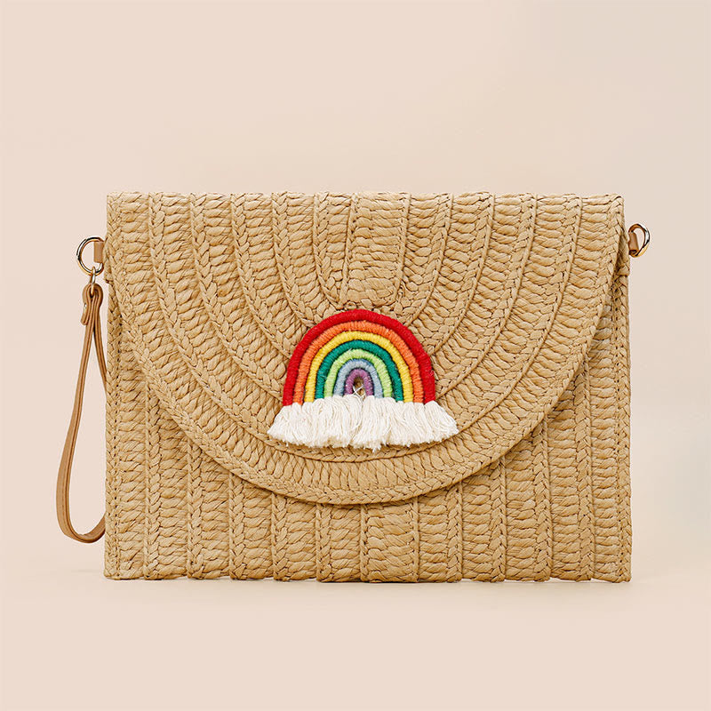 Tassel Beach Clutch for Women Raffia Woven Envelop Bag with Shoulder Strap