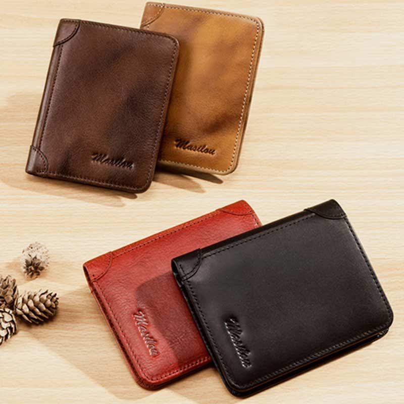 RFID Blocking Cowhide Leather Wallet Retro Roomy Front Pocket Wallet