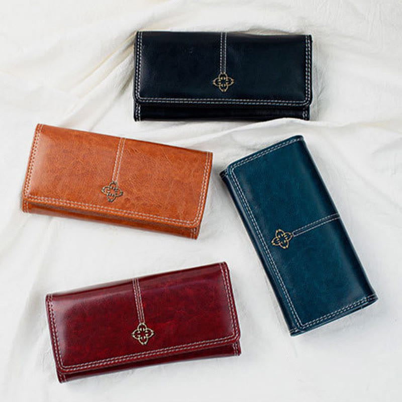 Elegant Retro Long Purse Wax Leather Card Holder For Women