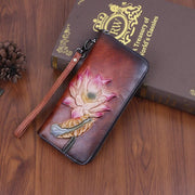 Wallet for Women Multi-Slot Leather Vintage Printing Flower Cash Purse