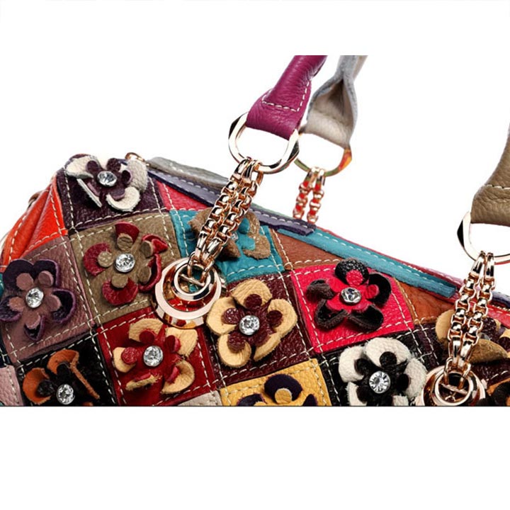 Genuine Leather Multicolor Flower Handbag