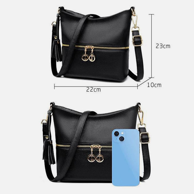 Double Zipper Purse For Women Tassel Solid Color Crossbody Bag