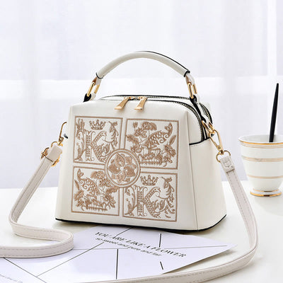 Top-Handle Bag For Women Embroidered Leather Portable Crossbody Shoulder Bag