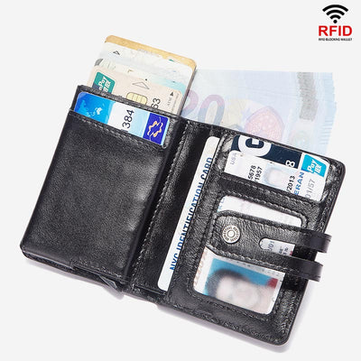 RFID Genuine Leather Business Short Wallet With Chain