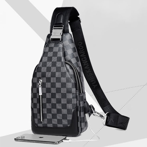 Double Layer Leather Sling Bag for Men Casual Plaid Crossbody Daypack