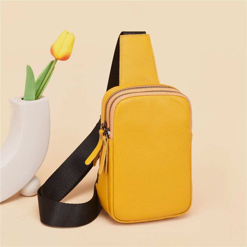 Double Zip Real Leather Sling Bag For Women Waterproof Crossbody Phone Bag