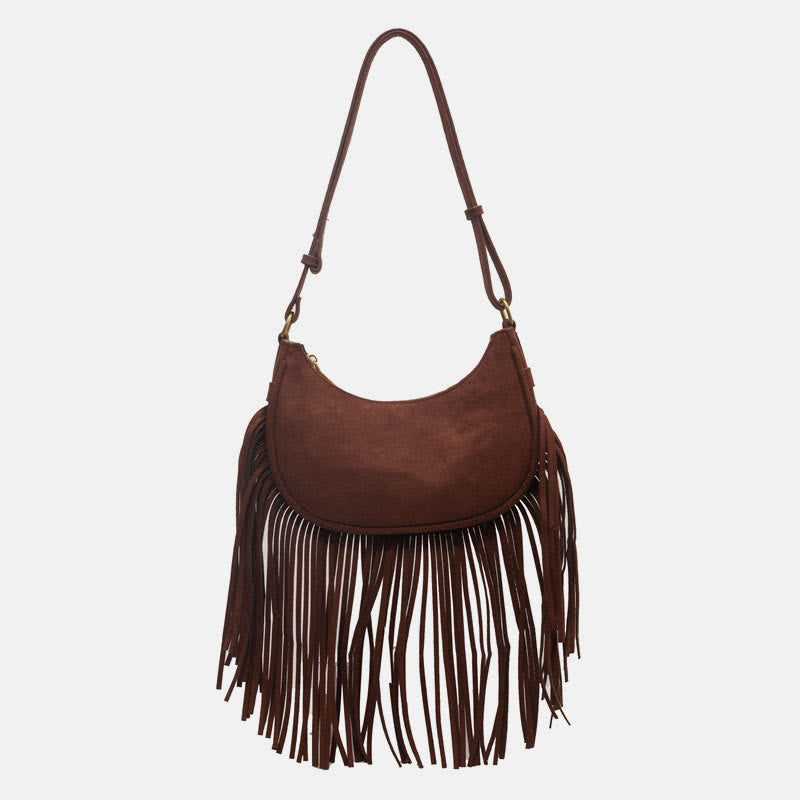 Tassel Underarm Bag For Women Retro Crescent Leather Shoulder Bag