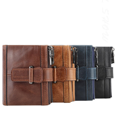 Multi-Slot Genuine Leather RFID Blocking Bifold Wallet with 2 Zip Coin Purse