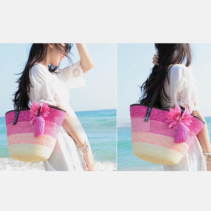 Summer Flower Straw Woven Beach Bag Travel Tote Bag