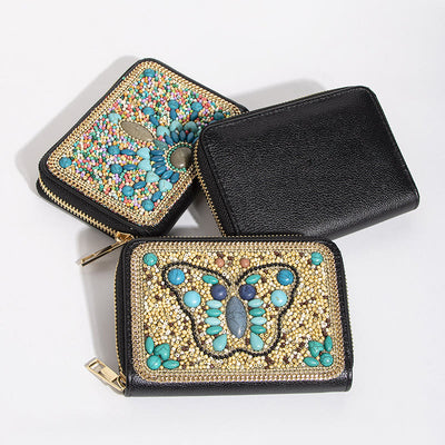 Bohemian Wallet For Women Butterfly Flower Pattern Zipper Purse