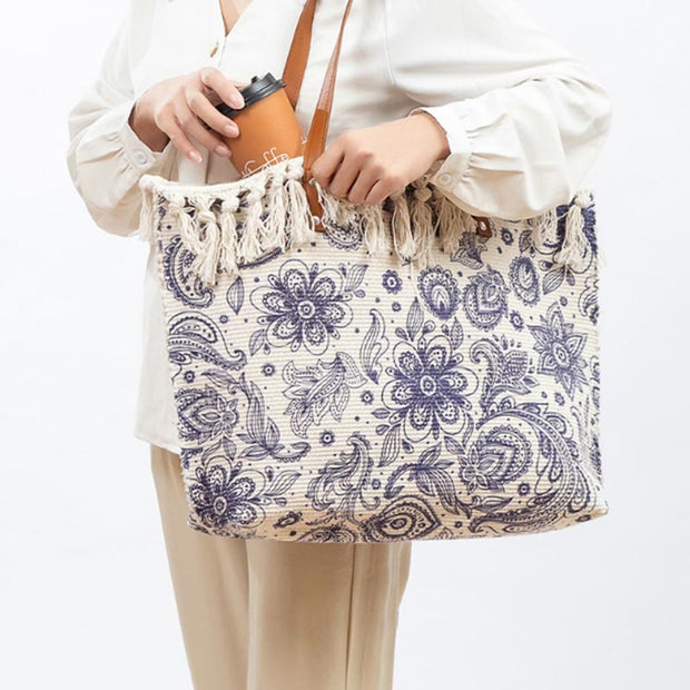 Tote Bag for Women Tassel Bohemian Printing Canvas Shoulder Bag