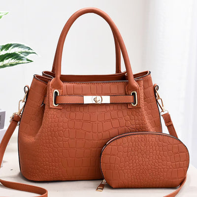 Elegant Bag Set Solid Color Crocodile Print Top Handle Purse