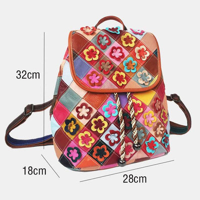 Genuine Leather Colorblock Floral Backpack Drawstring Purses