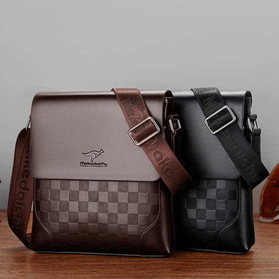 Men's Leather Plaid Small Messenger Bag Business Travel Carry Bag