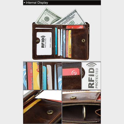 Wallet For Men Retro Genuine Leather Multi Pocket Money Clip