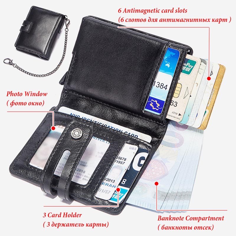 RFID Genuine Leather Business Short Wallet With Chain