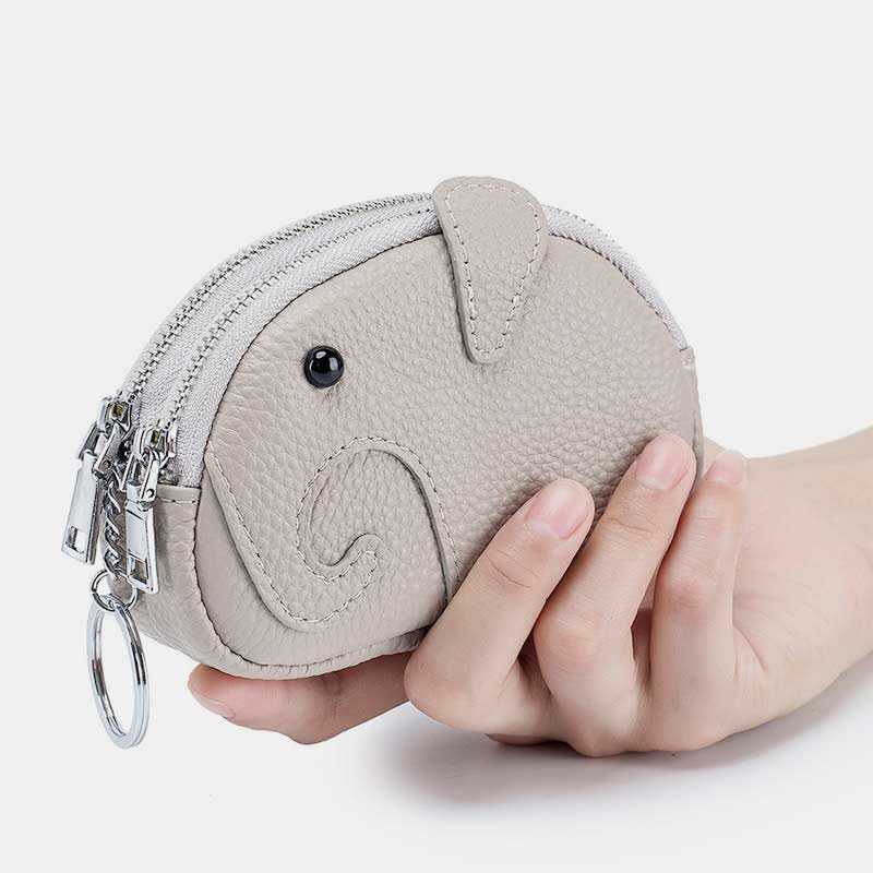 Genuine Leather Cute Elephant Coin Purse Zip Change Wallet Pouch