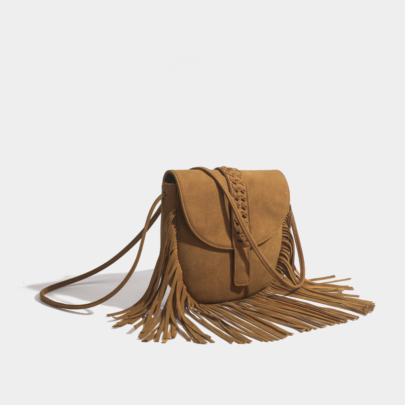 Suede Leather Crossbody Bag Darkgoldenrod Tassel Purse For Women