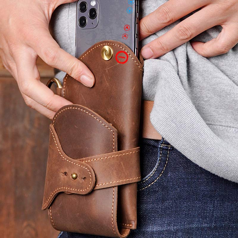 Genuine Leather Men Cell Phone Holster Pouch Phone Bag Belt Holder